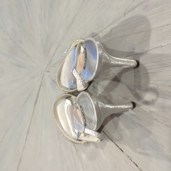 Stuart Weitzman Silver Leather Crystal Beaded Sling Back Heels - Picture 3 of 8